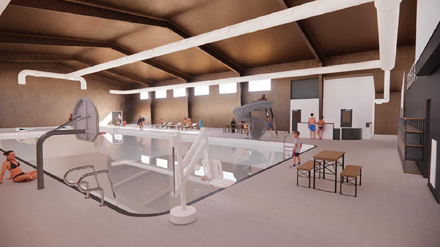 A previous rendering of the pool deck area inside the refurbished pool.
